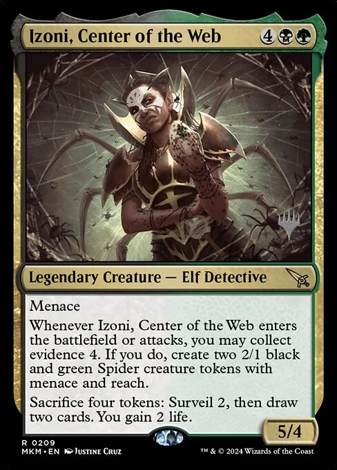 Izoni, Center of the Web, carta Magic di tipo Legendary Creature — Elf Detective illustrata da Justine Cruz
