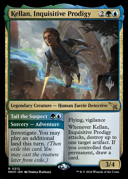 Kellan, Inquisitive Prodigy // Tail the Suspect, carta Magic di tipo Legendary Creature — Human Faerie Detective // Sorcery — Adventure illustrata da Joshua Raphael