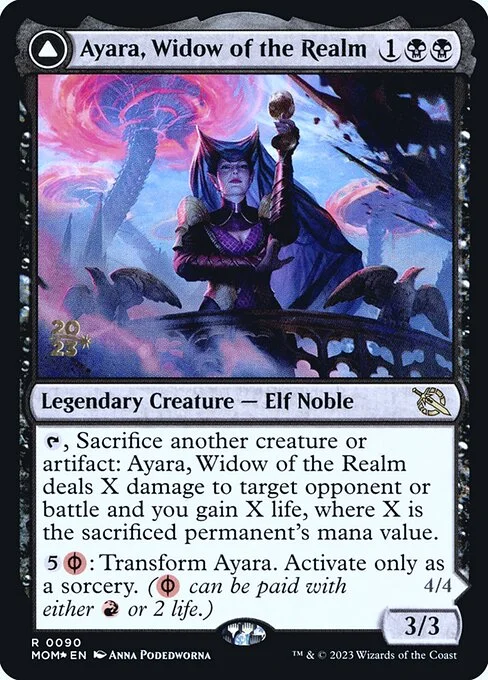 Ayara, Widow of the Realm // Ayara, Furnace Queen, carta Magic di tipo Legendary Creature — Elf Noble // Legendary Creature — Phyrexian Elf Noble illustrata da Anna Podedworna