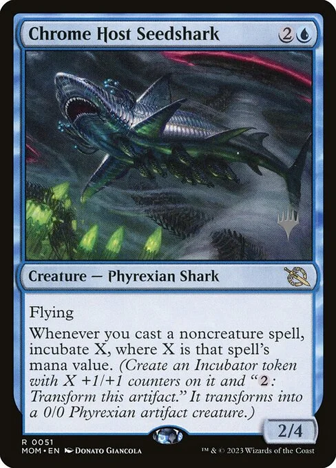 Chrome Host Seedshark, carta Magic di tipo Creature — Phyrexian Shark illustrata da Donato Giancola
