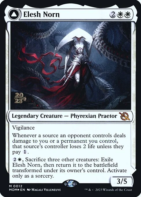 Elesh Norn // The Argent Etchings, carta Magic di tipo Legendary Creature — Phyrexian Praetor // Enchantment — Saga illustrata da Magali Villeneuve