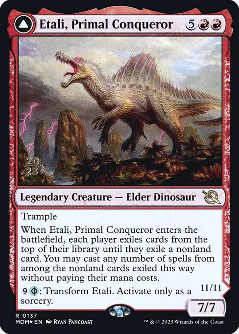 Etali, Primal Conqueror // Etali, Primal Sickness, carta Magic di tipo Legendary Creature — Elder Dinosaur // Legendary Creature — Phyrexian Elder Dinosaur illustrata da Ryan Pancoast