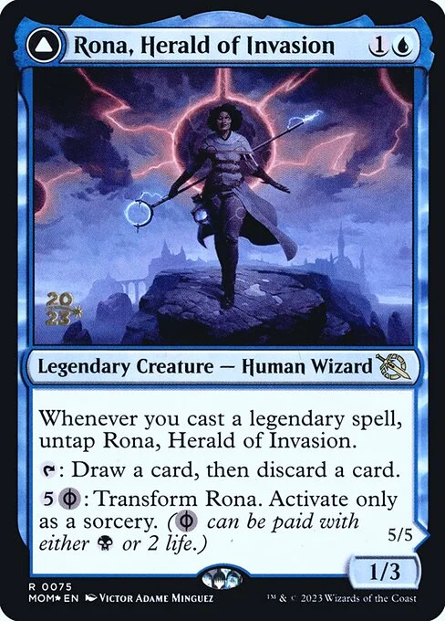 Rona, Herald of Invasion // Rona, Tolarian Obliterator, carta Magic di tipo Legendary Creature — Human Wizard // Legendary Creature — Phyrexian Wizard illustrata da Victor Adame Minguez