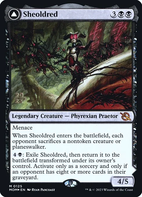 Sheoldred // The True Scriptures, carta Magic di tipo Legendary Creature — Phyrexian Praetor // Enchantment — Saga illustrata da Ryan Pancoast