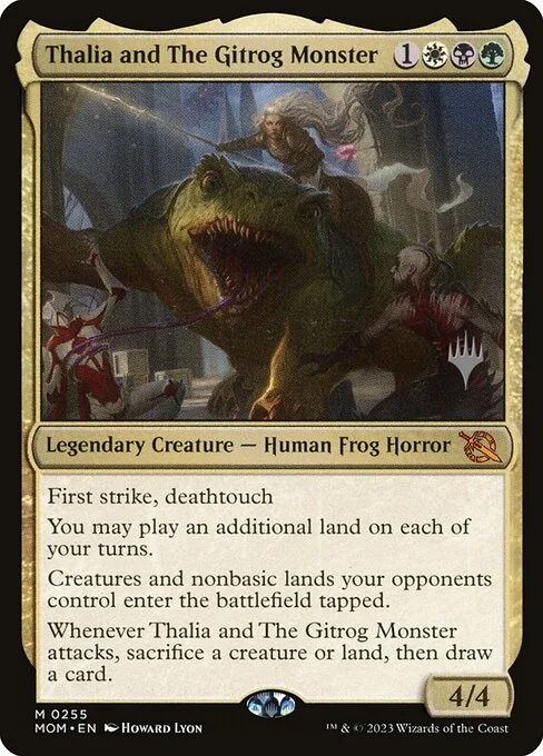 Thalia and The Gitrog Monster, carta Magic di tipo Legendary Creature — Human Frog Horror illustrata da Howard Lyon