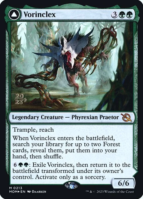 Vorinclex // The Grand Evolution, carta Magic di tipo Legendary Creature — Phyrexian Praetor // Enchantment — Saga illustrata da Daarken