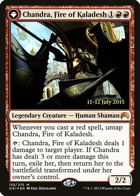 Chandra, Fire of Kaladesh // Chandra, Roaring Flame, carta Magic di tipo Legendary Creature — Human Shaman // Legendary Planeswalker — Chandra illustrata da Eric Deschamps