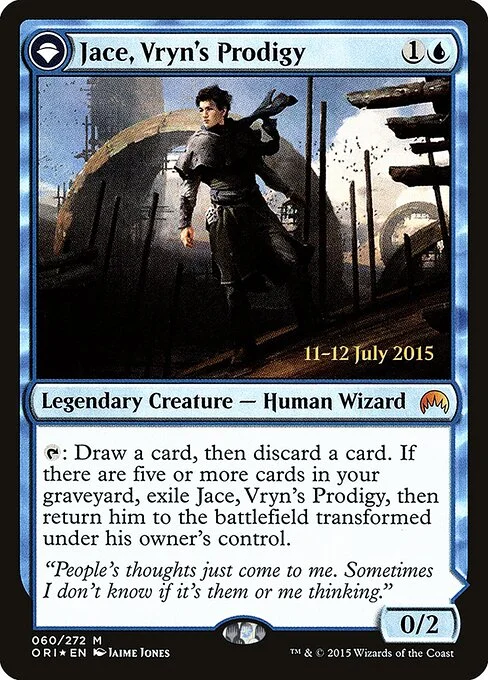 Jace, Vryn's Prodigy // Jace, Telepath Unbound, carta Magic di tipo Legendary Creature — Human Wizard // Legendary Planeswalker — Jace illustrata da Jaime Jones