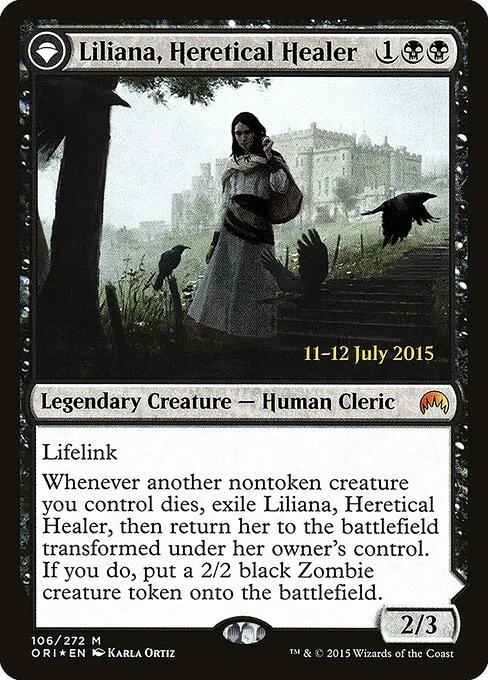 Liliana, Heretical Healer // Liliana, Defiant Necromancer, carta Magic di tipo Legendary Creature — Human Cleric // Legendary Planeswalker — Liliana illustrata da Karla Ortiz