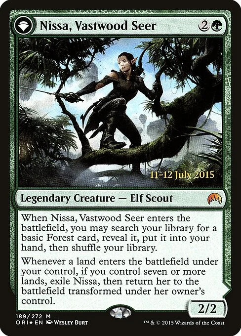 Nissa, Vastwood Seer // Nissa, Sage Animist, carta Magic di tipo Legendary Creature — Elf Scout // Legendary Planeswalker — Nissa illustrata da Wesley Burt