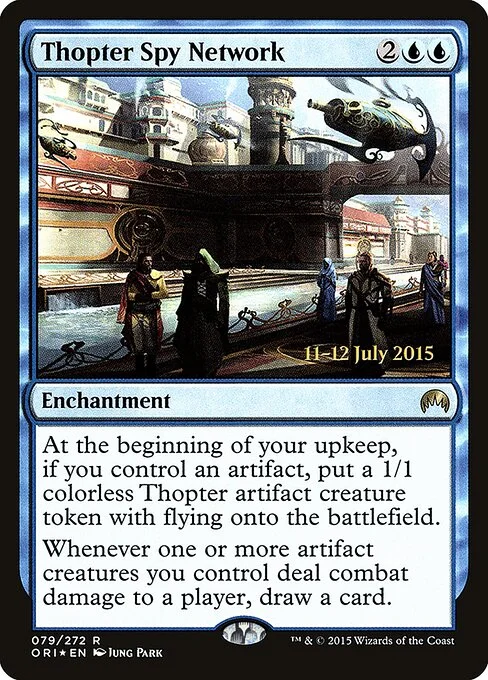 Thopter Spy Network, carta Magic di tipo Enchantment illustrata da Jung Park