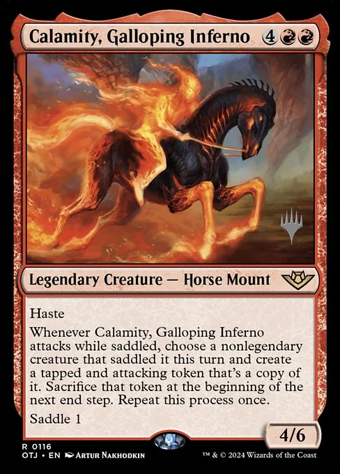 Calamity, Galloping Inferno, carta Magic di tipo Legendary Creature — Horse Mount illustrata da Artur Nakhodkin