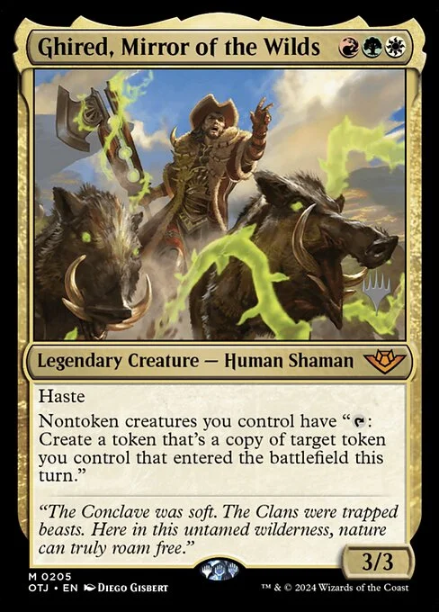 Ghired, Mirror of the Wilds, carta Magic di tipo Legendary Creature — Human Shaman illustrata da Diego Gisbert