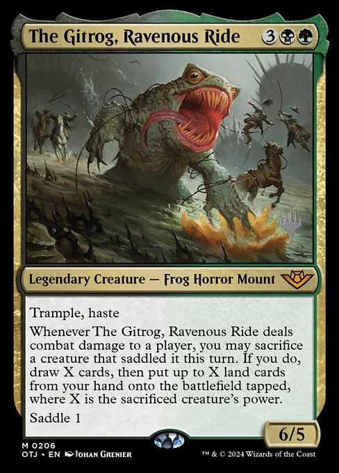 The Gitrog, Ravenous Ride, carta Magic di tipo Legendary Creature — Frog Horror Mount illustrata da Johan Grenier