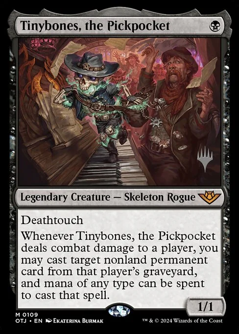 Tinybones, the Pickpocket, carta Magic di tipo Legendary Creature — Skeleton Rogue illustrata da Ekaterina Burmak