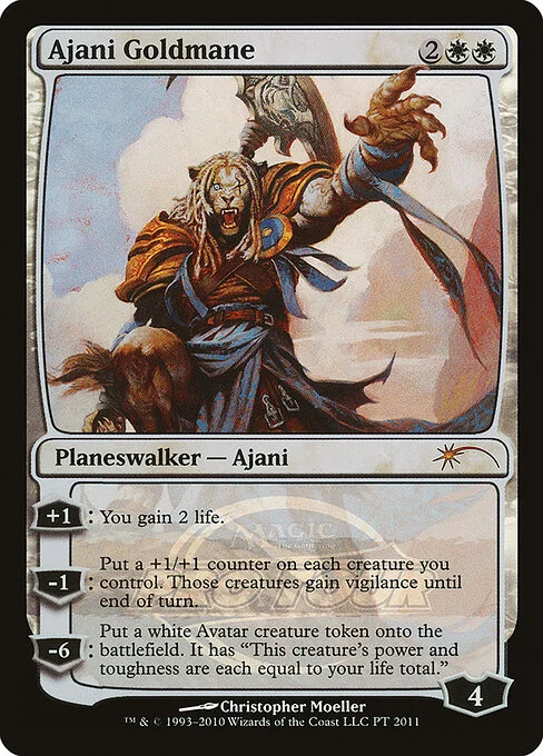 Ajani Goldmane, carta Magic di tipo Legendary Planeswalker — Ajani illustrata da Christopher Moeller