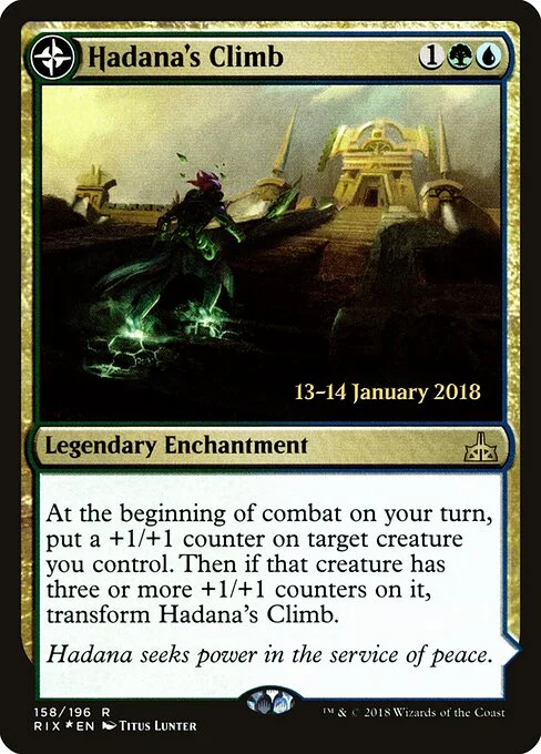 Hadana's Climb // Winged Temple of Orazca, carta Magic di tipo Legendary Enchantment // Legendary Land illustrata da Titus Lunter