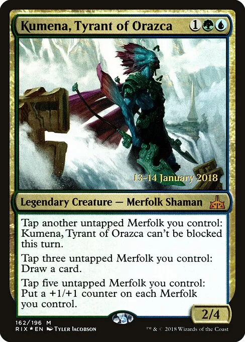 Kumena, Tyrant of Orazca, carta Magic di tipo Legendary Creature — Merfolk Shaman illustrata da Tyler Jacobson