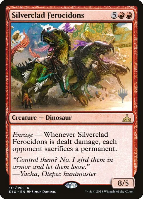 Silverclad Ferocidons, carta Magic di tipo Creature — Dinosaur illustrata da Simon Dominic