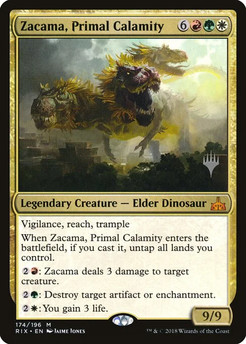 Zacama, Primal Calamity, carta Magic di tipo Legendary Creature — Elder Dinosaur illustrata da Jaime Jones