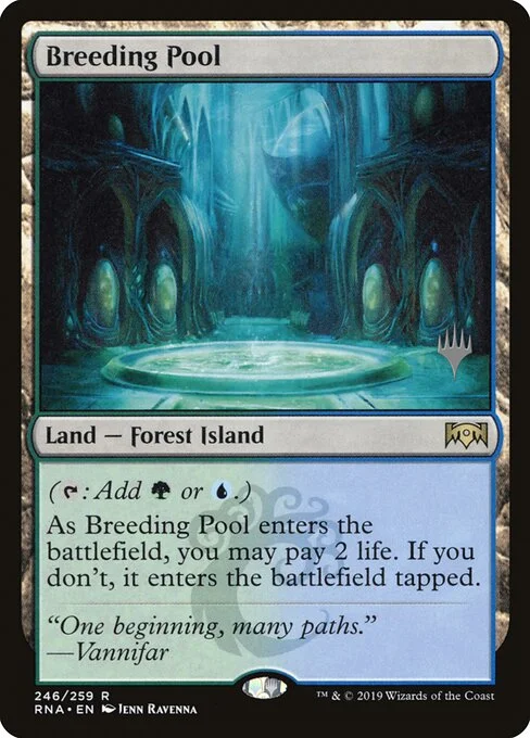 Breeding Pool, carta Magic di tipo Land — Forest Island illustrata da Ravenna Tran