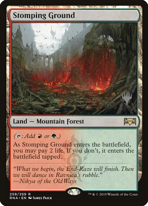 Stomping Ground, carta Magic di tipo Land — Mountain Forest illustrata da James Paick