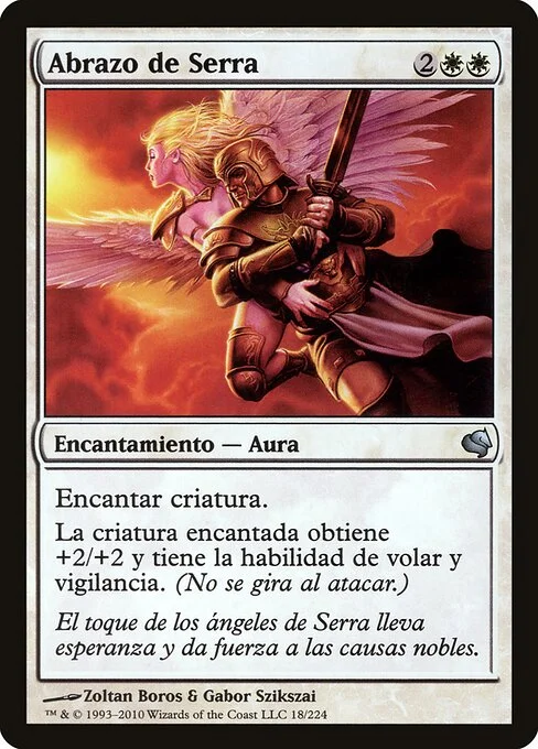 Serra's Embrace, carta Magic di tipo Enchantment — Aura illustrata da Zoltan Boros & Gabor Szikszai