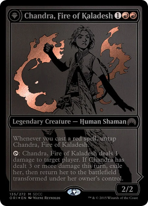 Chandra, Fire of Kaladesh // Chandra, Roaring Flame, carta Magic di tipo Legendary Creature — Human Shaman // Legendary Planeswalker — Chandra illustrata da Wayne Reynolds