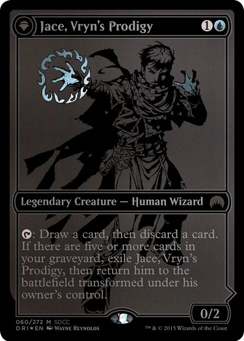 Jace, Vryn's Prodigy // Jace, Telepath Unbound, carta Magic di tipo Legendary Creature — Human Wizard // Legendary Planeswalker — Jace illustrata da Wayne Reynolds