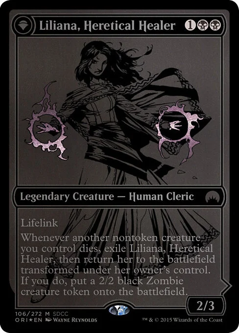 Liliana, Heretical Healer // Liliana, Defiant Necromancer, carta Magic di tipo Legendary Creature — Human Cleric // Legendary Planeswalker — Liliana illustrata da Wayne Reynolds