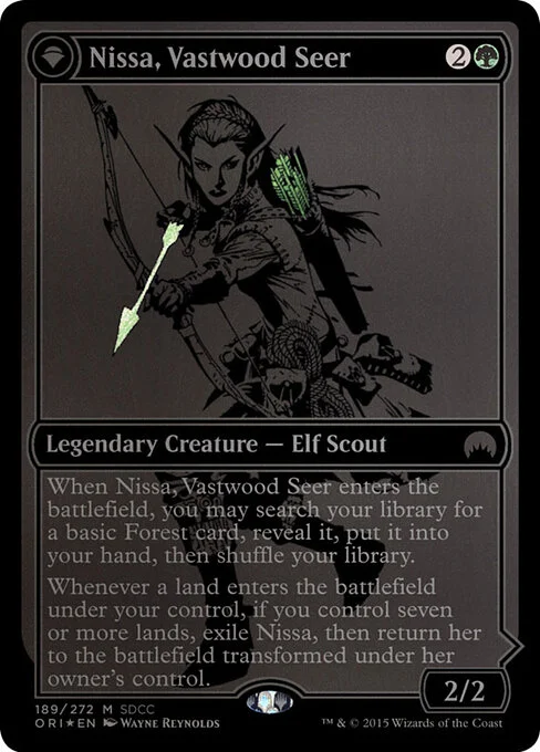 Nissa, Vastwood Seer // Nissa, Sage Animist, carta Magic di tipo Legendary Creature — Elf Scout // Legendary Planeswalker — Nissa illustrata da Wayne Reynolds