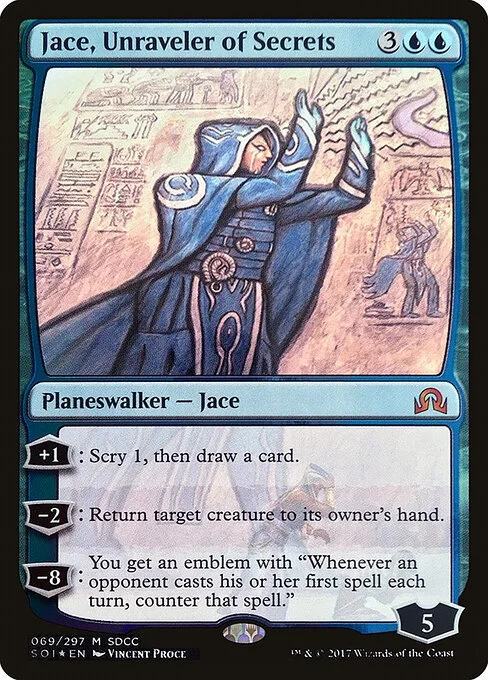 Jace, Unraveler of Secrets, carta Magic di tipo Legendary Planeswalker — Jace illustrata da Vincent Proce