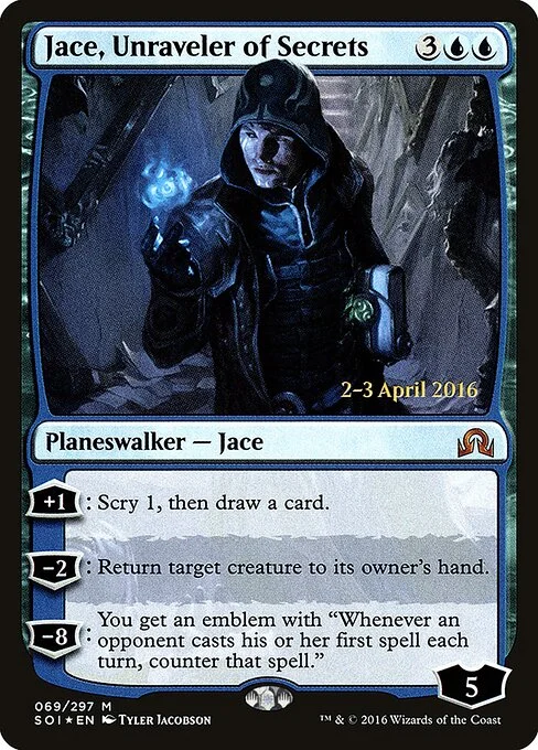 Jace, Unraveler of Secrets, carta Magic di tipo Legendary Planeswalker — Jace illustrata da Tyler Jacobson
