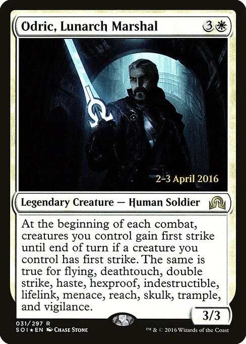 Odric, Lunarch Marshal, carta Magic di tipo Legendary Creature — Human Soldier illustrata da Chase Stone