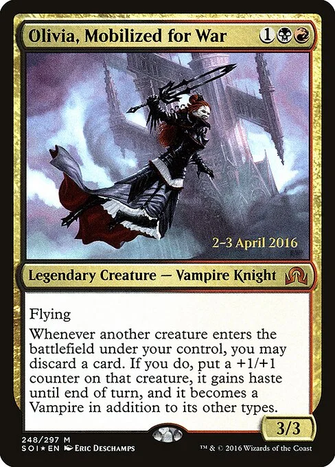 Olivia, Mobilized for War, carta Magic di tipo Legendary Creature — Vampire Knight illustrata da Eric Deschamps