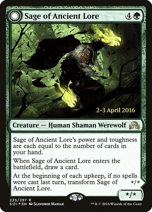 Sage of Ancient Lore // Werewolf of Ancient Hunger, carta Magic di tipo Creature — Human Shaman Werewolf // Creature — Werewolf illustrata da Slawomir Maniak