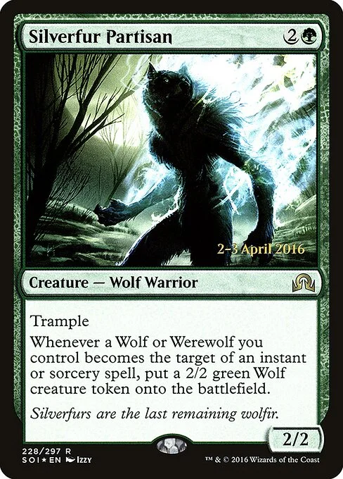 Silverfur Partisan, carta Magic di tipo Creature — Wolf Warrior illustrata da Izzy