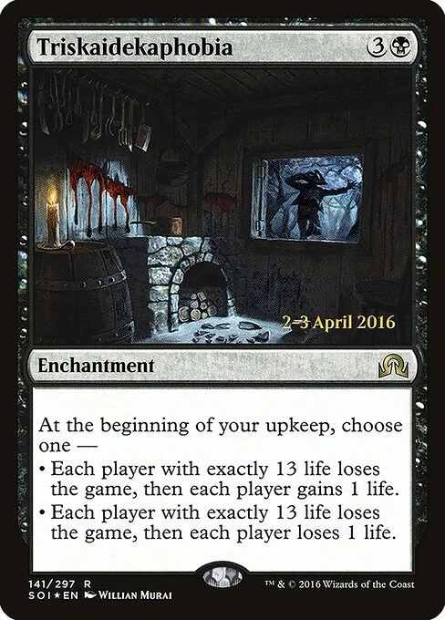 Triskaidekaphobia, carta Magic di tipo Enchantment illustrata da Willian Murai
