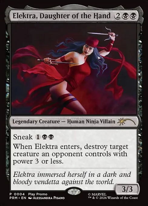 Elektra, Daughter of the Hand, carta Magic di tipo Legendary Creature — Human Ninja Villain illustrata da Alessandra Pisano
