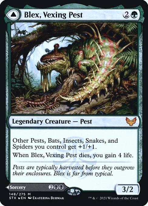 Blex, Vexing Pest // Search for Blex, carta Magic di tipo Legendary Creature — Pest // Sorcery illustrata da Ekaterina Burmak