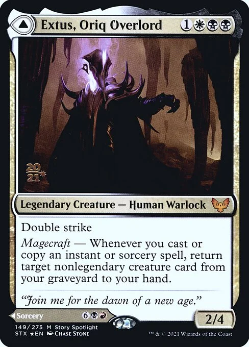 Extus, Oriq Overlord // Awaken the Blood Avatar, carta Magic di tipo Legendary Creature — Human Warlock // Sorcery illustrata da Chase Stone