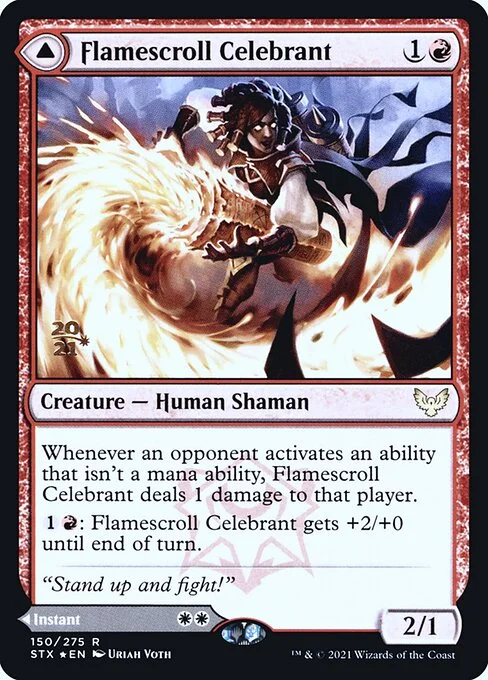 Flamescroll Celebrant // Revel in Silence, carta Magic di tipo Creature — Human Shaman // Instant illustrata da Uriah Voth