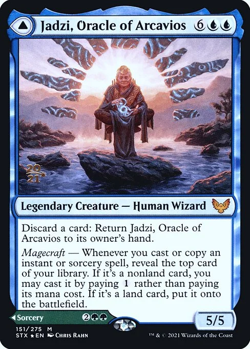 Jadzi, Oracle of Arcavios // Journey to the Oracle, carta Magic di tipo Legendary Creature — Human Wizard // Sorcery illustrata da Chris Rahn