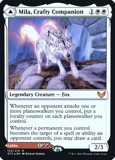 Mila, Crafty Companion // Lukka, Wayward Bonder, carta Magic di tipo Legendary Creature — Fox // Legendary Planeswalker — Lukka illustrata da Kieran Yanner