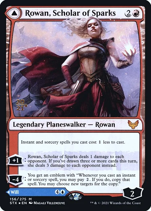 Rowan, Scholar of Sparks // Will, Scholar of Frost, carta Magic di tipo Legendary Planeswalker — Rowan // Legendary Planeswalker — Will illustrata da Magali Villeneuve