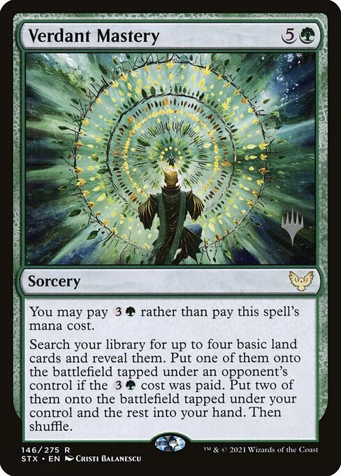 Verdant Mastery, carta Magic di tipo Sorcery illustrata da Cristi Balanescu