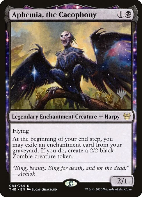 Aphemia, the Cacophony, carta Magic di tipo Legendary Enchantment Creature — Harpy illustrata da Lucas Graciano