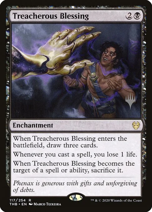 Treacherous Blessing, carta Magic di tipo Enchantment illustrata da Marco Teixeira