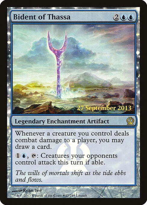 Bident of Thassa, carta Magic di tipo Legendary Enchantment Artifact illustrata da Ryan Yee