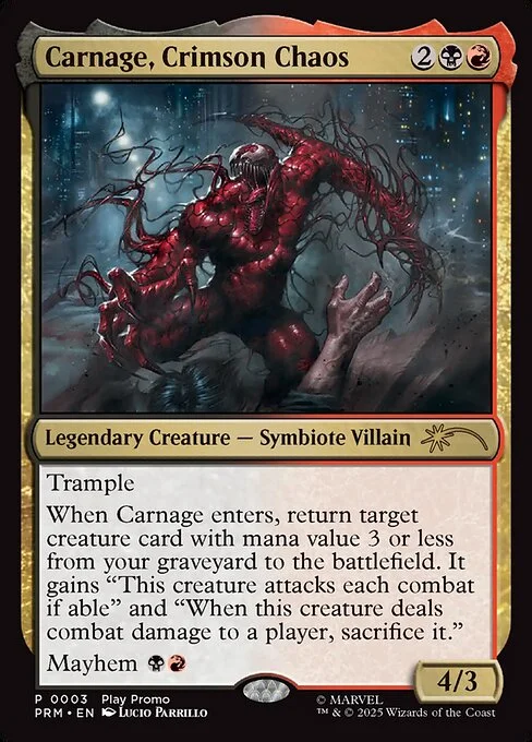 Carnage, Crimson Chaos, carta Magic di tipo Legendary Creature — Symbiote Villain illustrata da Lucio Parrillo